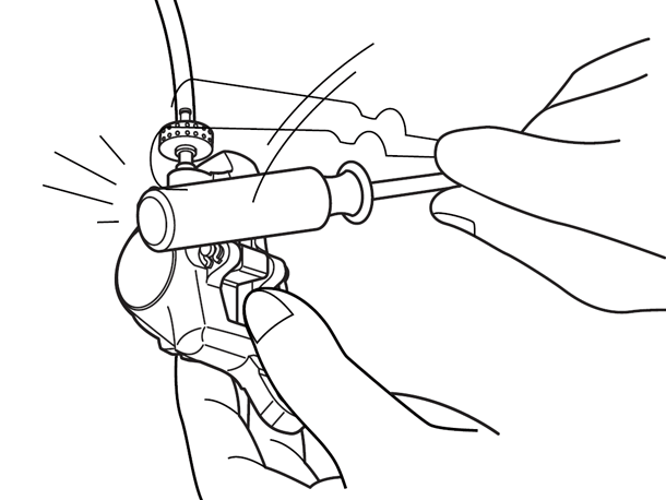 Diagram showing tapping Shimano brake calliper with screwdriver handle to dislodge air bubbles during bleeding